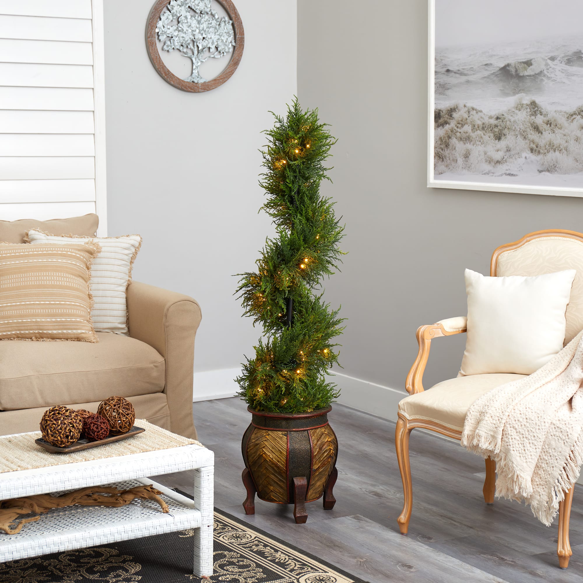 4.5ft. Pre-Lit Spiral Cypress Artificial Christmas Tree in Decorative Planter, Clear LED Lights